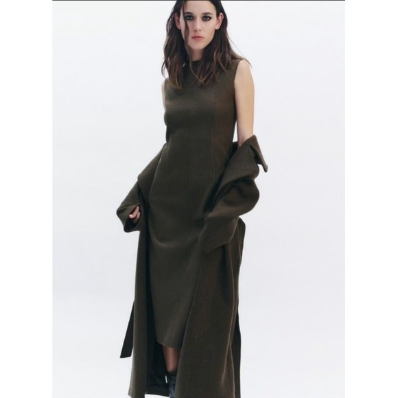 NWT ZARA Sleeveless Mock Neck Midi Dress Olive Green Knit Sheath Modern Size M